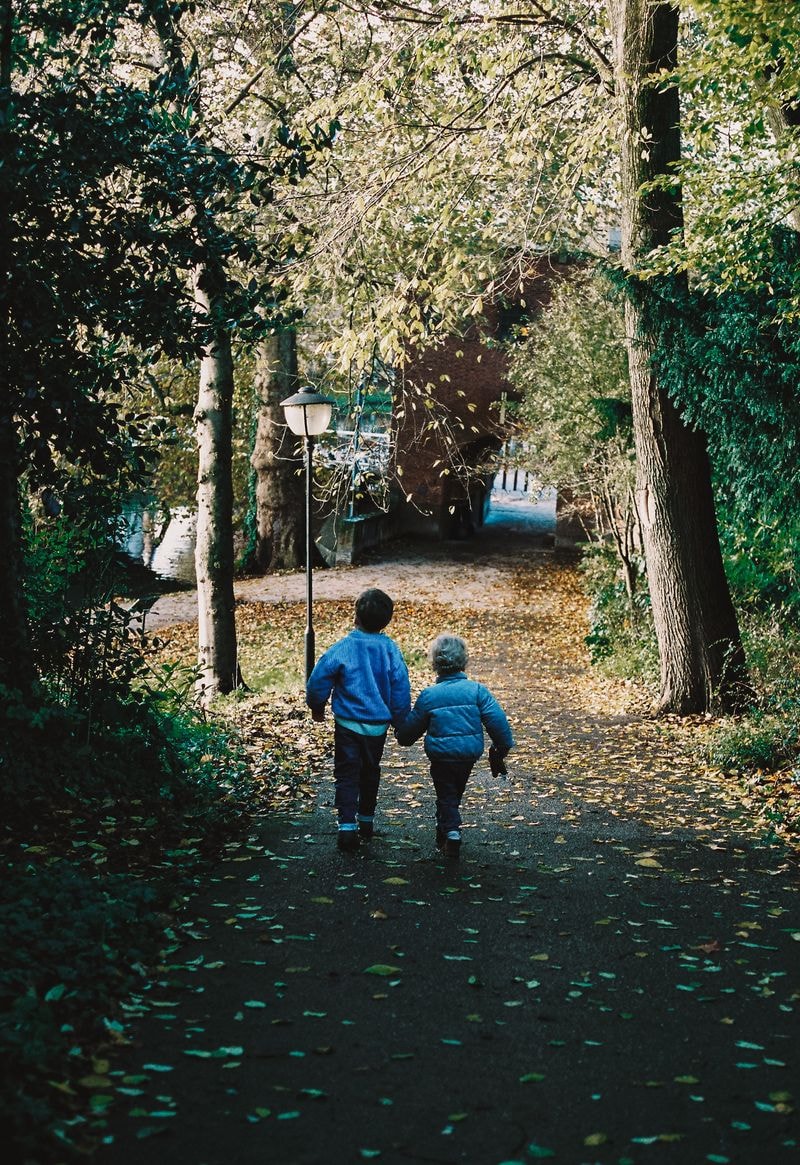 Twee jongetjes houden elkaars hand vast terwijl ze tussen herfstbladeren lopen bij een Utrechtse singel